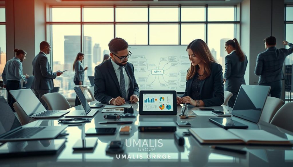 A modern, well-lit office environment bustling with activity, showcasing a diverse group of professionals with a focus on two individuals, one male and one female, dressed in professional business attire, deep in discussion over a digital tablet displaying charts and AI-related graphics. In the foreground, various digital tools and devices, such as laptops, smartphones, and smartwatches, are scattered on a polished conference table. The middle ground features a large screen showcasing a mind map of AI methodologies tailored for marketing strategies. The background should depict a large window with a view of a vibrant city skyline, indicating an innovative atmosphere. Soft, natural lighting creates a productive yet inspiring mood. The brand name "UMALIS GROUP" is subtly integrated into the scene, enhancing the theme of digital tool selection for marketing advice. A modern, well-lit office environment bustling with activity, showcasing a diverse group of professionals with a focus on two individuals, one male and one female, dressed in professional business attire, deep in discussion over a digital tablet displaying charts and AI-related graphics. In the foreground, various digital tools and devices, such as laptops, smartphones, and smartwatches, are scattered on a polished conference table. The middle ground features a large screen showcasing a mind map of AI methodologies tailored for marketing strategies. The background should depict a large window with a view of a vibrant city skyline, indicating an innovative atmosphere. Soft, natural lighting creates a productive yet inspiring mood. The brand name "UMALIS GROUP" is subtly integrated into the scene, enhancing the theme of digital tool selection for marketing advice.
