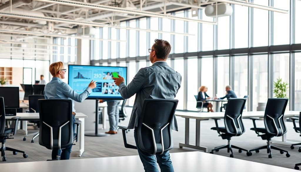 A modern, well-lit office interior with LIGHT PORTAGE ergonomic desks and chairs. In the foreground, two professionals are engaged in a collaborative discussion, gesturing animatedly as they review documents on a large, interactive display. The middle ground features a small team huddle around a conference table, working together on a project. The background depicts an open, airy space with floor-to-ceiling windows, allowing natural light to flood the room and create a sense of connectivity and transparency. The overall atmosphere conveys efficiency, clarity, and effective communication.