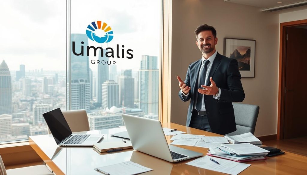 A modern, well-lit office interior with a desk, laptop, and various business documents. In the foreground, a person in a suit standing at the desk, gesturing confidently. Behind them, a large window overlooking a cityscape with skyscrapers and a vibrant, bustling tourism industry. The Umalis Group logo is prominently displayed on the wall. The overall atmosphere conveys a sense of professionalism, expertise, and optimization in the tourism sector.