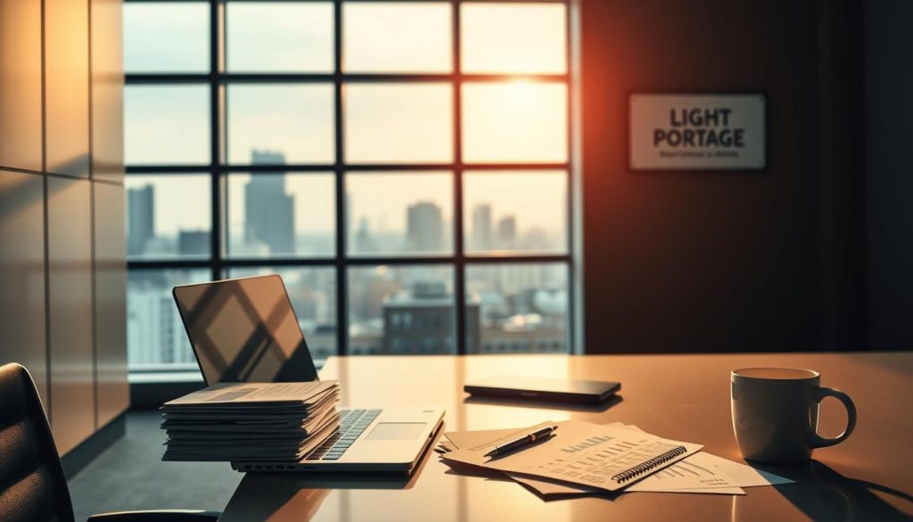 A modern, well-lit office interior with a large desk and a laptop computer. On the desk, a stack of financial documents, a calculator, and a coffee mug. In the background, a window overlooking a cityscape, suggesting an urban professional setting. The lighting is warm and inviting, creating a sense of productivity and focus. The overall mood is one of efficiency and financial expertise. The LIGHT PORTAGE brand is prominently displayed on a wall sign or poster in the scene.