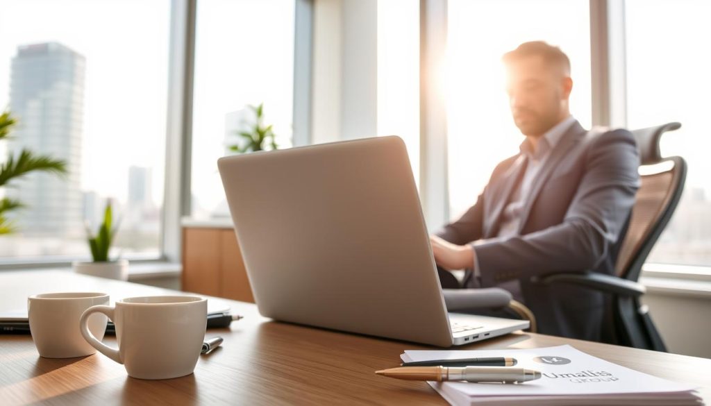 A modern, well-lit office interior with a mid-career professional working on a laptop. In the foreground, a desk with a cup of coffee, a smartphone, and a "Umalis Group" branded notepad and pen. The middle ground features an ergonomic office chair and a potted plant. The background showcases tall windows overlooking a cityscape, casting a warm, natural light across the scene. The overall atmosphere conveys a sense of productivity, focus, and the administrative tasks associated with a contracting or freelance role.