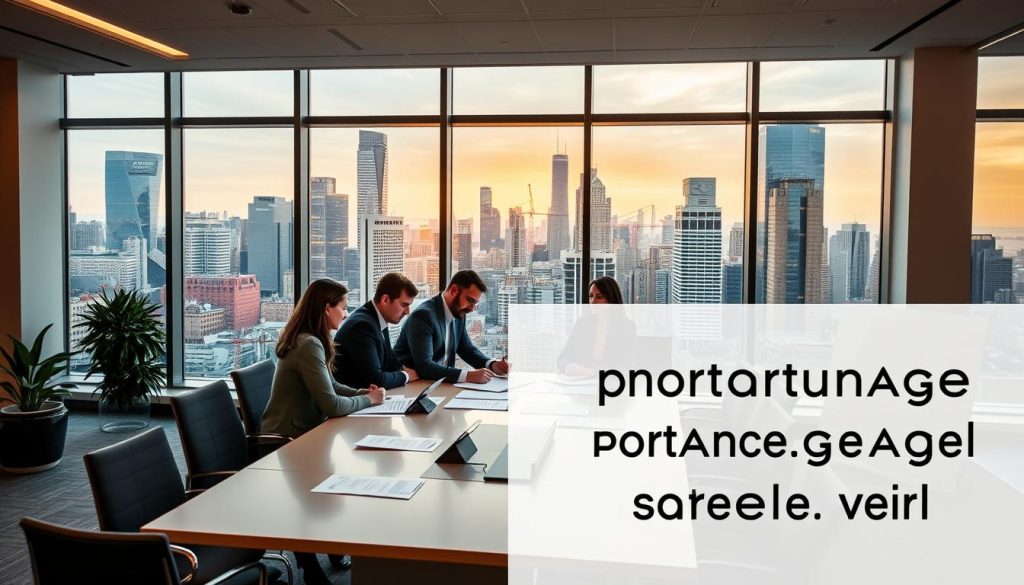 A modern, well-lit office interior with a professional, corporate atmosphere. In the foreground, a group of people are engaged in a collaborative meeting around a sleek conference table, discussing ideas and documents. Behind them, a large window offers a view of a bustling city skyline, with skyscrapers and cranes visible in the distance. The lighting is a mix of warm, ambient lighting and focused task lighting, creating a balanced and productive ambiance. The color palette is a mix of neutral tones with accents of blue and green, reflecting the professionalism and stability of the "portage salarial" arrangement. The overall scene conveys a sense of efficiency, teamwork, and the business of providing salaried freelance work.