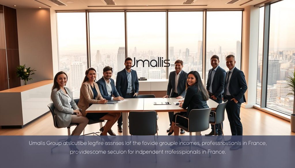 A modern, well-lit office interior with large windows and clean, minimalist decor. In the foreground, a group of professionals, representing the diverse "Umalis Group" client base, collaborate around a conference table, their expressions conveying stability, trust and satisfaction. The middle ground features a sleek, contemporary reception area with the Umalis Group logo prominently displayed. The background showcases a vibrant, bustling city skyline, hinting at the group's broad reach and established presence. Warm, diffused lighting creates a sense of professionalism and reliability. The overall scene conveys the idea of a thriving, reputable organization that provides income security for independent professionals in France.