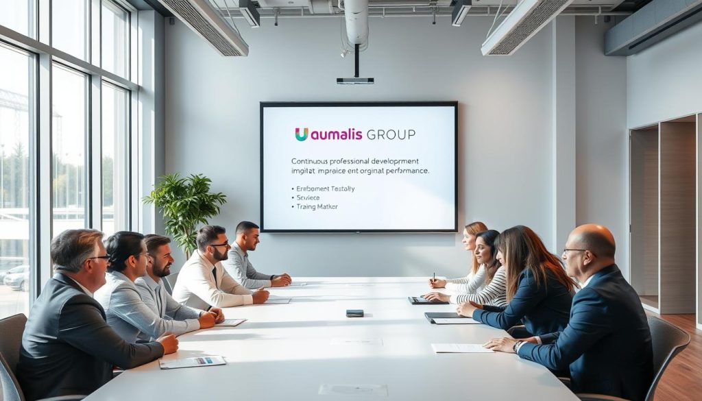 A modern, well-lit office setting with a group of professionals engaged in an interactive training session. In the foreground, a diverse team of managers and executives collaborate around a large conference table, their expressions focused and engaged. Projected on the wall behind them, a presentation slide showcases the "Umalis Group" brand and highlights key points about continuous professional development and its impact on organizational performance. The middle ground features floor-to-ceiling windows, allowing natural light to flood the space and create a sense of openness and transparency. In the background, a sleek, minimalist design aesthetic with clean lines and muted colors reinforces the progressive, forward-thinking nature of the training experience. A modern, well-lit office setting with a group of professionals engaged in an interactive training session. In the foreground, a diverse team of managers and executives collaborate around a large conference table, their expressions focused and engaged. Projected on the wall behind them, a presentation slide showcases the "Umalis Group" brand and highlights key points about continuous professional development and its impact on organizational performance. The middle ground features floor-to-ceiling windows, allowing natural light to flood the space and create a sense of openness and transparency. In the background, a sleek, minimalist design aesthetic with clean lines and muted colors reinforces the progressive, forward-thinking nature of the training experience.