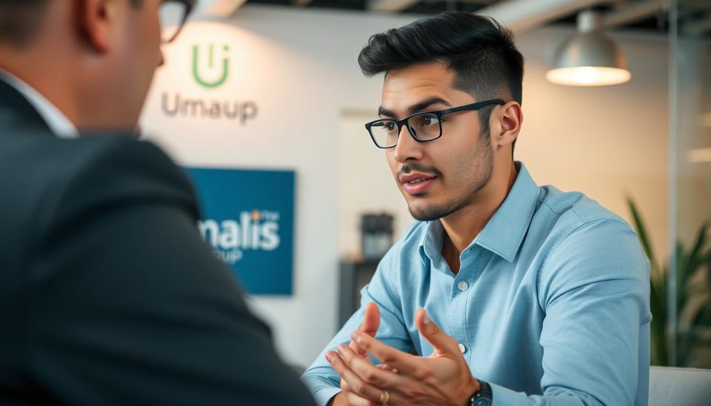 A modern, well-lit office setting with a professional freelancer intently focused on a client, demonstrating active listening techniques. The freelancer leans forward, making eye contact and nodding thoughtfully, their expression engaged and attentive. Subtle body language cues, such as open posture and attentive hand gestures, convey a sense of genuine interest. In the background, the Umalis Group logo is visible, subtly branding the scene. The overall atmosphere is one of productive, collaborative client-freelancer interaction.