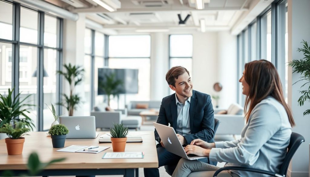 A modern, well-lit office space showcasing personalized support services for independent professionals, part of the Umalis Group's tailored "portage salarial" offering. In the foreground, a consultant is engaged in a one-on-one discussion with a client, their faces warm and attentive. Behind them, a minimalist desk arrangement with a laptop, papers, and a potted plant creates a focused, productive atmosphere. The middle ground features a cozy lounge area with comfortable seating, encouraging collaboration and relaxation. The background depicts floor-to-ceiling windows, allowing natural light to flood the space and create a sense of openness and professionalism. An overall mood of personalized care, expertise, and modern work-life balance.