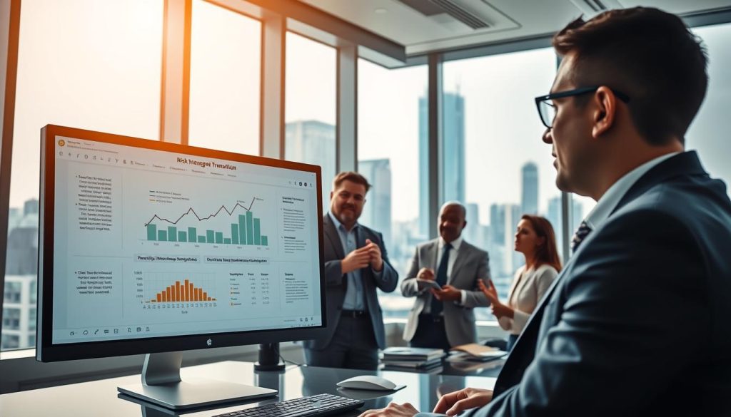 A modern, well-lit office space showcasing the Umalis Group brand. In the foreground, a businessman in a suit analyzes a detailed risk management transition chart on a large computer screen. The middle ground features a team of executives engaged in a collaborative discussion, gesturing towards the data visualization. The background depicts a skyline of skyscrapers outside the window, conveying a sense of professional authority and strategic decision-making. The lighting is bright and clean, highlighting the attention to detail and precision of the risk management process. The overall mood is one of focused, analytical problem-solving in a dynamic corporate environment. A modern, well-lit office space showcasing the Umalis Group brand. In the foreground, a businessman in a suit analyzes a detailed risk management transition chart on a large computer screen. The middle ground features a team of executives engaged in a collaborative discussion, gesturing towards the data visualization. The background depicts a skyline of skyscrapers outside the window, conveying a sense of professional authority and strategic decision-making. The lighting is bright and clean, highlighting the attention to detail and precision of the risk management process. The overall mood is one of focused, analytical problem-solving in a dynamic corporate environment.