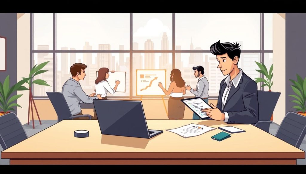 A modern, well-lit office space with a central desk showcasing a laptop, paperwork, and a Umalis Group logo. In the foreground, a businessperson oversees resource allocation, using a tablet to assign tasks and monitor progress. The middle ground features teams collaborating, using whiteboards and sharing ideas. The background depicts a window overlooking a bustling city skyline, conveying a sense of productivity and efficiency. The overall atmosphere is one of organized, project-based work flow, with a clean, minimalist aesthetic.