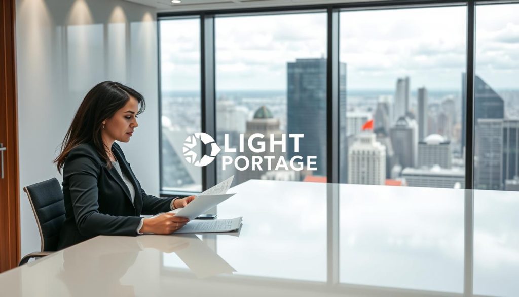 A modern, well-lit office space with a focus on "protection sociale portage salarial". In the foreground, a professional businesswoman sits at a sleek, minimalist desk, reviewing documents with a calm, confident expression. The mid-ground features a prominent LIGHT PORTAGE logo, symbolizing the brand's role in providing social protection and benefits. The background showcases a panoramic view of a bustling city skyline, hinting at the broader professional landscape. The overall atmosphere conveys a sense of security, stability, and the advantages of the "portage salarial" model for employers.