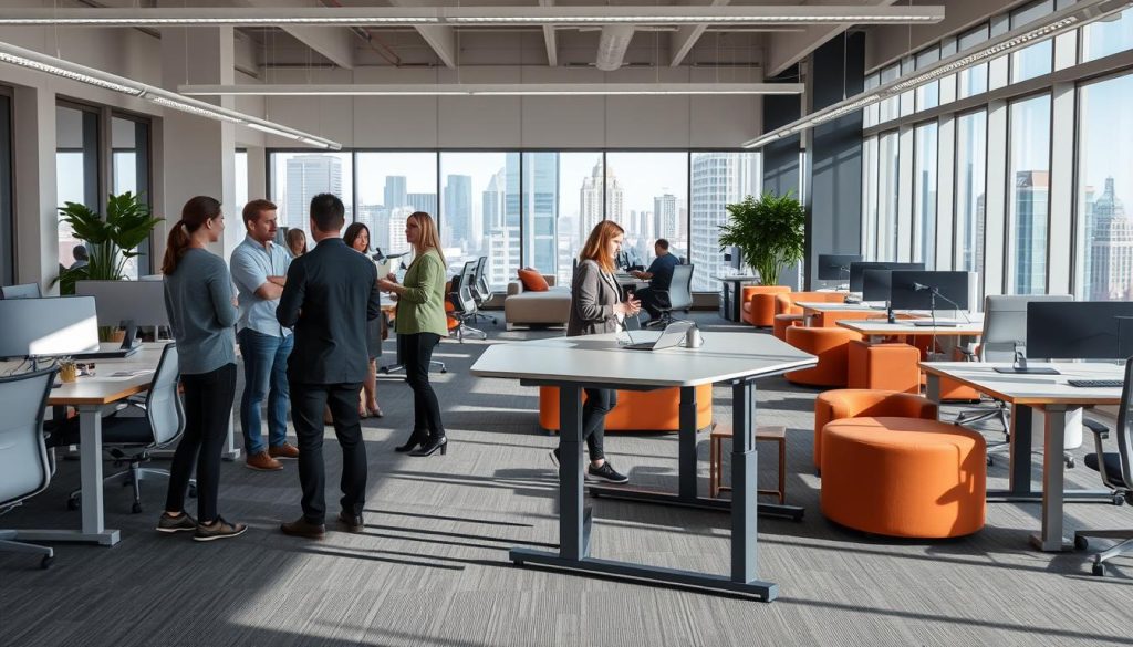 A modern, well-lit office space with a variety of flexible workstations. In the foreground, a LIGHT PORTAGE standing desk showcases its sleek, modular design. Employees gather around, engaged in collaborative discussions. In the middle ground, comfortable couches and armchairs create cozy nooks for focused work or relaxation. The background features floor-to-ceiling windows, allowing natural light to flood the space and providing a scenic view of the city skyline. An atmosphere of productivity, creativity, and work-life balance pervades the scene.