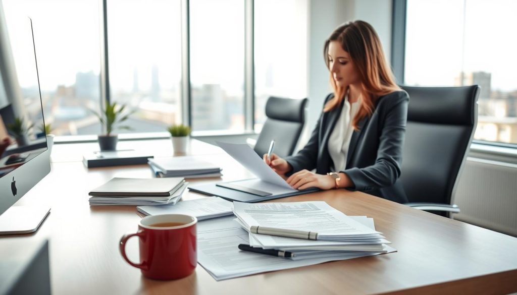 A modern, well-lit office space with clean lines and minimalist decor. In the foreground, a desk with a computer, notepad, and a mug of coffee. On the desk, various documents and files related to "Obligations entreprise portage salarial" are neatly organized. In the middle ground, a woman in professional attire, likely an Umalis Group employee, is reviewing these documents. The background features a large window overlooking a cityscape, bathing the scene in soft, natural light. The overall atmosphere conveys a sense of professionalism, attention to detail, and the unique obligations and responsibilities of an enterprise providing employee leasing services.