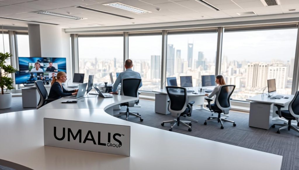 A modern, well-lit office space with employees collaborating remotely via laptop computers and video conferencing. In the foreground, a large desk with a sleek, minimalist design, featuring a UMALIS GROUP logo prominently displayed. The middle ground showcases various ergonomic office chairs and desks, arranged in a harmonious, open-plan layout. The background depicts large windows overlooking a bustling city skyline, allowing natural light to flood the space. The overall atmosphere conveys a sense of productivity, efficiency, and work-life balance, reflecting the challenges and solutions of remote work.