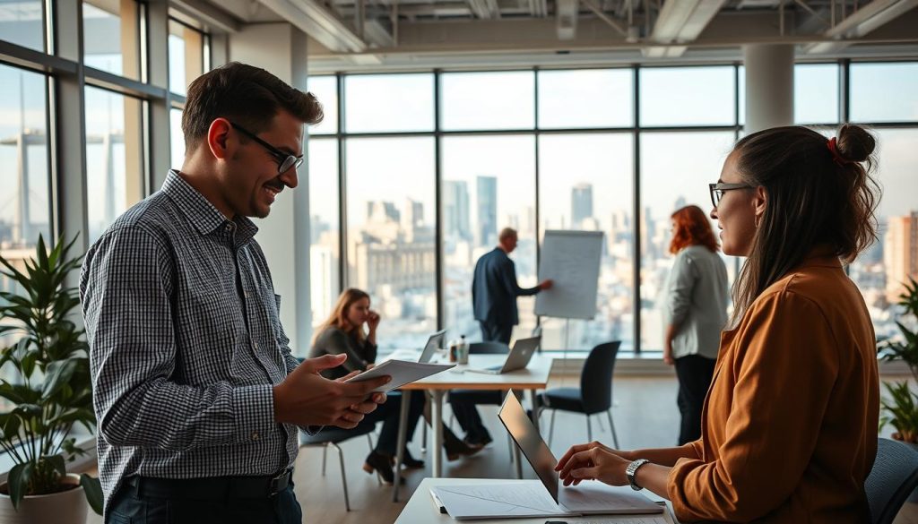 A modern, well-lit office space with large windows, filled with the energy of entrepreneurial activity. In the foreground, a skilled professional, part of the LIGHT PORTAGE team, guides a passionate entrepreneur through the intricacies of business management and strategic planning. In the middle ground, groups of individuals collaborate on laptops and whiteboards, brainstorming ideas and exploring new avenues for growth. The background depicts a cityscape, symbolizing the vibrant, bustling ecosystem of entrepreneurship. The overall scene conveys a sense of freedom, responsibility, and the empowering potential of entrepreneurial pursuits.