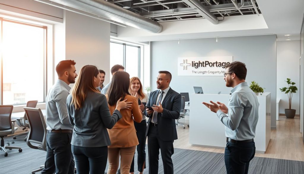 A modern, well-lit office space with the Light Portage brand prominently displayed on the wall. In the foreground, a group of diverse professionals engaged in a collaborative meeting, gesturing animatedly and exchanging ideas. The middle ground features an open concept layout with ergonomic furniture and ample natural lighting streaming through large windows. In the background, a sleek, minimalist reception area with the company's logo and a welcoming ambiance. The overall atmosphere conveys a culture of professionalism, teamwork, and respect for individual contributions towards shared goals.