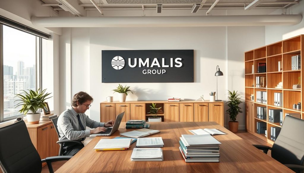 A modern, well-organized office filled with natural light and clean, minimalist furnishings. In the foreground, a professional working at a large wooden desk, managing documents and files with a focused, efficient demeanor. The UMALIS GROUP logo prominently displayed on the wall behind them, conveying a sense of professionalism and expertise. The middle ground features a neatly organized bookshelf, with a potted plant and a few personal touches, creating a harmonious and productive atmosphere. The background showcases a wide window overlooking a cityscape, suggesting a sense of urban sophistication. The overall scene radiates a mood of administrative prowess, attention to detail, and a commitment to efficient organizational practices.