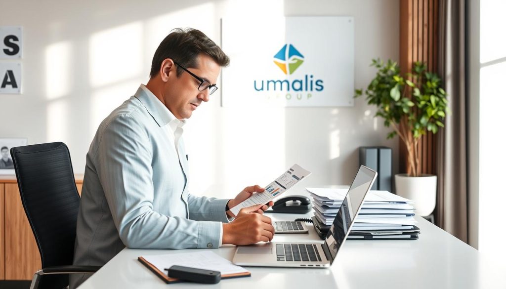 A modern, well-organized office space featuring the Umalis Group brand. Bright, natural lighting illuminates a clean, minimalist desk setup with a laptop, phone, and strategically placed documents and folders. A professional, middle-aged individual is seated, focused on paperwork, exemplifying efficient processes and best practices for salarial portage management. Warm wooden accents and a plant add a touch of nature, conveying a sense of balance and productivity. The overall atmosphere is one of competence, organization, and attention to detail, reflecting the title "Bonnes pratiques pour une gestion efficace en portage salarial". A modern, well-organized office space featuring the Umalis Group brand. Bright, natural lighting illuminates a clean, minimalist desk setup with a laptop, phone, and strategically placed documents and folders. A professional, middle-aged individual is seated, focused on paperwork, exemplifying efficient processes and best practices for salarial portage management. Warm wooden accents and a plant add a touch of nature, conveying a sense of balance and productivity. The overall atmosphere is one of competence, organization, and attention to detail, reflecting the title "Bonnes pratiques pour une gestion efficace en portage salarial".