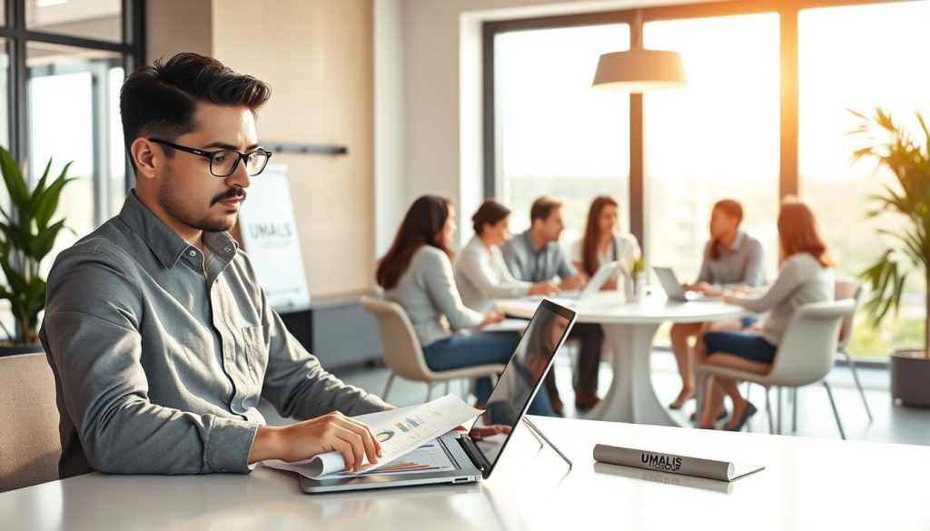 A modern workspace depicting the concept of freelance work and portage salarial. In the foreground, a professional-looking freelancer, dressed in smart casual attire, is seated at a sleek desk with a laptop open, reviewing documents. Beside them, a stylish tablet displays charts and data, representing business dynamics. In the middle ground, a group of diverse professionals engage in a discussion around a round table, showcasing collaboration and teamwork. The background features large windows with natural light streaming in, casting warm illumination over the scene, enhancing the atmosphere of productivity and innovation. Subtle branding elements like "UMALIS GROUP" are incorporated into a piece of decor, ensuring brand presence without overwhelming the image. The overall mood is focused, empowering, and optimistic, capturing the essence of freelance work and its professional context.