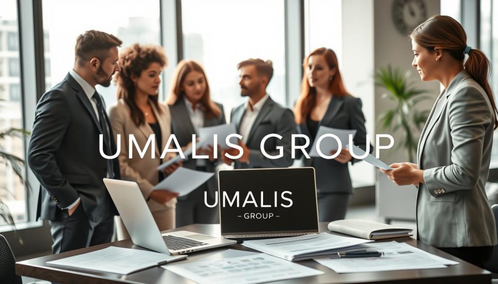 A modern workspace depicting various freelance business statuses: in the foreground, a diverse group of professionals in smart business attire discussing documents related to micro-enterprises, EI, EURL, and SASU. In the middle ground, a stylish desk with a laptop open, showcasing business plans and legal paperwork. The background features large windows letting in natural light, creating a bright atmosphere, with cityscape views hinting at the bustling freelance environment. Soft focus on the background elements, using a shallow depth of field to highlight the conversation in the foreground. The mood is professional yet collaborative, conveying a sense of security and freedom in freelancing. Include the brand name "UMALIS GROUP" subtly displayed in the workspace. A modern workspace depicting various freelance business statuses: in the foreground, a diverse group of professionals in smart business attire discussing documents related to micro-enterprises, EI, EURL, and SASU. In the middle ground, a stylish desk with a laptop open, showcasing business plans and legal paperwork. The background features large windows letting in natural light, creating a bright atmosphere, with cityscape views hinting at the bustling freelance environment. Soft focus on the background elements, using a shallow depth of field to highlight the conversation in the foreground. The mood is professional yet collaborative, conveying a sense of security and freedom in freelancing. Include the brand name "UMALIS GROUP" subtly displayed in the workspace.