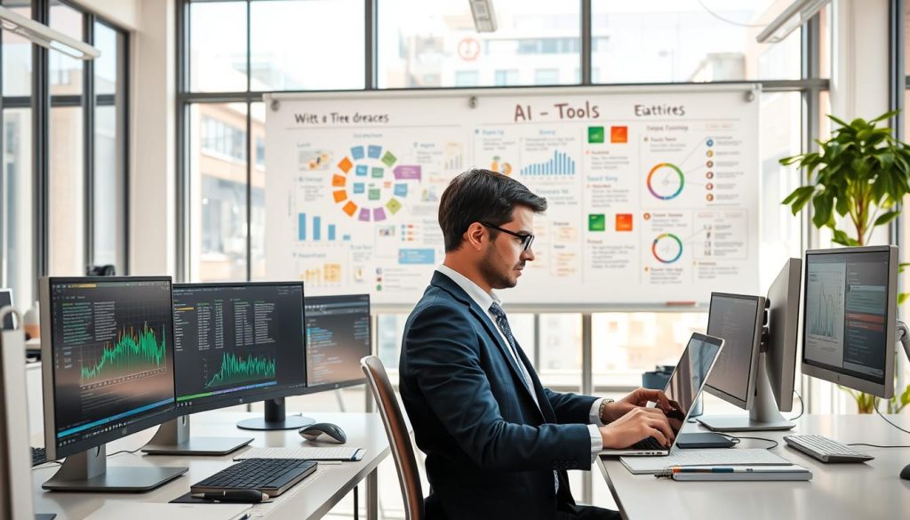 A modern workspace designed for web writing and editorial control, featuring sleek desktop computers with multiple monitors displaying data analysis and text editing software. In the foreground, a professional individual dressed in business attire is focused on a laptop, surrounded by notebooks and digital devices. The middle layer shows a large whiteboard filled with colorful charts, diagrams, and brainstorming notes on AI tools. The background consists of a bright office with large windows allowing natural light to flood the space. Emphasize a productive and innovative atmosphere, suggesting collaboration and high-tech efficiency. Ensure the image represents UMALIS GROUP, highlighting the professionalism and modernity of the web writing environment.