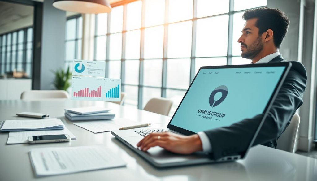 A modern workspace featuring a professional individual, dressed in smart business attire, engaging with a digital interface showcasing optimization strategies for freelance platforms. In the foreground, display a sleek laptop with visible graphs and analytics regarding profile enhancements. The middle ground should include a bright desk filled with documents, a notepad, and a smartphone, all symbolizing productivity and organization. In the background, large windows let in soft, natural light, creating an inviting atmosphere. The overall mood is focused and motivational, representing success and efficiency in navigating mission platforms. Subtly incorporate a logo of "UMALIS GROUP" on the laptop's screen. The scene should convey professionalism and the importance of optimizing a profile to attract opportunities.