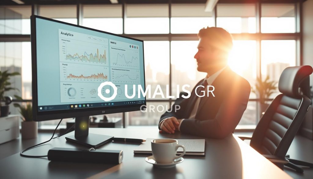 A modern workspace featuring a sleek desktop with an analytical tool interface displayed on the screen, showcasing graphs and data metrics essential for independent professionals. In the foreground, a well-dressed individual in business attire studies the screen, flanked by a notepad and a cup of coffee, exuding a focus on productivity and professionalism. The middle ground includes a stylish ergonomic chair and a well-organized desk with office supplies scattered neatly. In the background, a large window reveals a bright cityscape, letting in soft, natural light that bathes the scene in a warm atmosphere. The overall mood conveys clarity, efficiency, and professionalism, reflecting the essence of choosing the right analytical tool. The logo of "UMALIS GROUP" is subtly incorporated into the interface graphics, enhancing the corporate feel without dominating the visual.