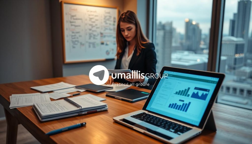 A modern workspace featuring a sleek wooden desk with a laptop open to business management software. On the desk, scattered documents, a stylish planner, and a digital tablet displaying graphs and charts. In the foreground, a professional woman in business attire reviews notes, showcasing confidence and focus. The middle ground includes a wall-mounted whiteboard filled with organized notes and tasks, hinting at effective project management. Soft, ambient lighting illuminates the scene, creating a warm and inviting atmosphere. In the background, a large window reveals a city skyline, symbolizing the freelance business world. A logo for "Umalis Group" is subtly incorporated into the design elements. The image conveys professionalism, clarity, and the essence of freelance business administration.