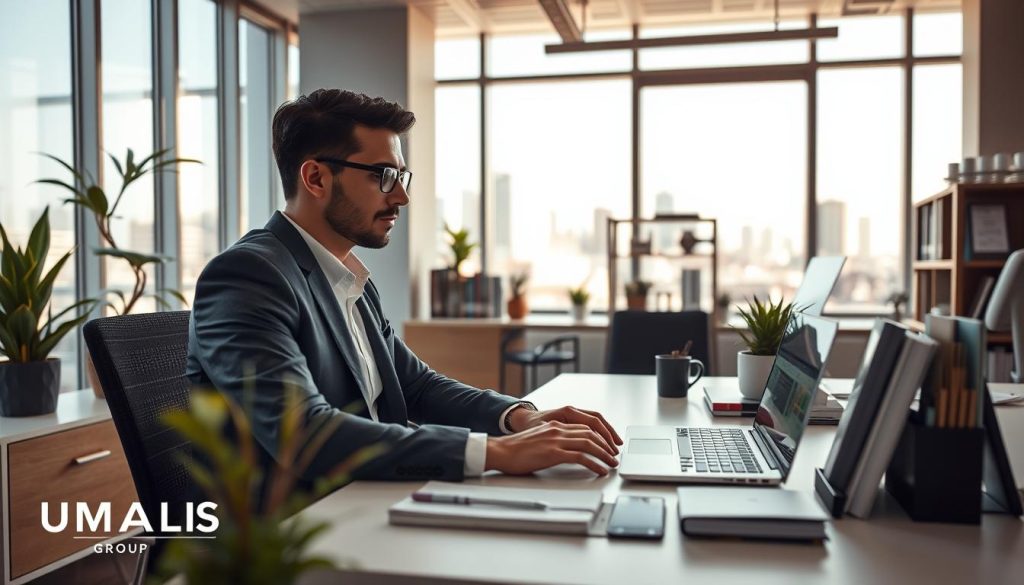 A modern workspace featuring an auto-entrepreneur engaged in their work. In the foreground, a focused individual dressed in professional business attire, sitting at a sleek, minimalistic desk, using a laptop with charts and financial data displayed on the screen. In the middle ground, a well-organized space with office supplies, potted plants, and a small bookshelf filled with business books. In the background, large windows allow natural light to flood the room, creating an uplifting atmosphere. The scene is complemented by a cityscape visible outside, symbolizing growth and opportunity. Soft, warm lighting gives a sense of productivity and professionalism. A subtle hint of the brand "UMALIS GROUP" can be included, enhancing the entrepreneurial vibe. A modern workspace featuring an auto-entrepreneur engaged in their work. In the foreground, a focused individual dressed in professional business attire, sitting at a sleek, minimalistic desk, using a laptop with charts and financial data displayed on the screen. In the middle ground, a well-organized space with office supplies, potted plants, and a small bookshelf filled with business books. In the background, large windows allow natural light to flood the room, creating an uplifting atmosphere. The scene is complemented by a cityscape visible outside, symbolizing growth and opportunity. Soft, warm lighting gives a sense of productivity and professionalism. A subtle hint of the brand "UMALIS GROUP" can be included, enhancing the entrepreneurial vibe.