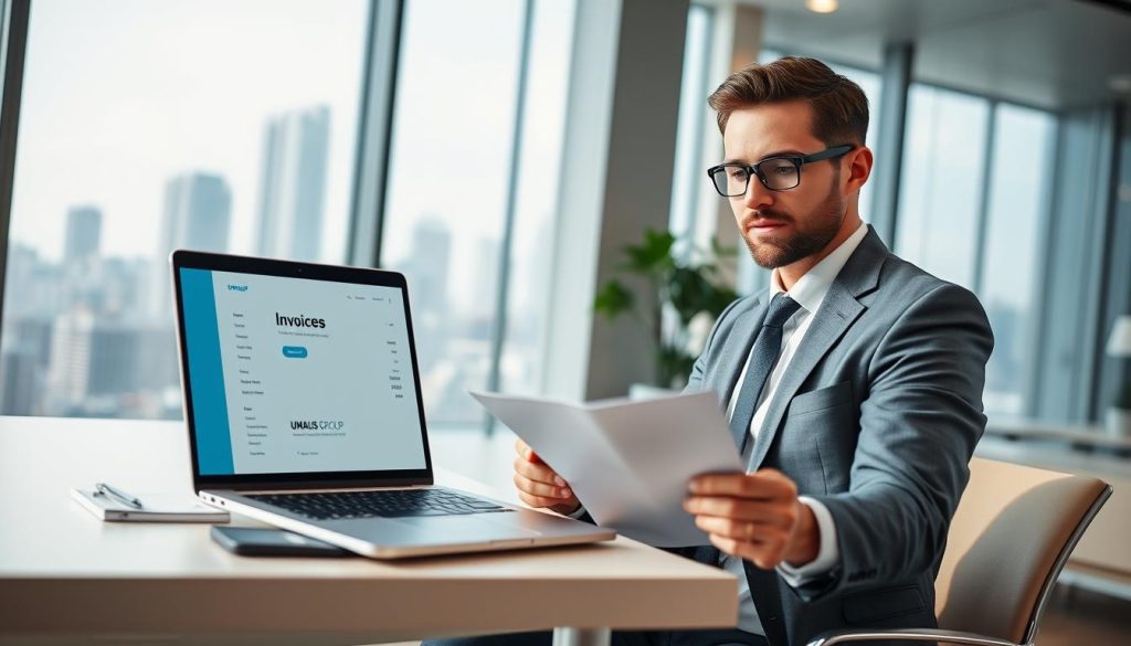 A modern workspace featuring an efficient invoicing software interface on a sleek laptop. In the foreground, a confident business professional, dressed in smart casual attire, is reviewing invoices with a focused expression. The middle ground displays a minimalist desk with neatly organized stationery, a tablet, and a cup of coffee. In the background, a well-lit room with large windows showcasing a city skyline through the glass, adding a vibrant atmosphere. The lighting is bright and inviting, enhancing the sense of productivity. The color palette is professional, with blues and grays dominating, reflecting the theme of efficiency in freelance billing solutions. Subtle branding of “UMALIS GROUP” is integrated within the software interface on the laptop screen.