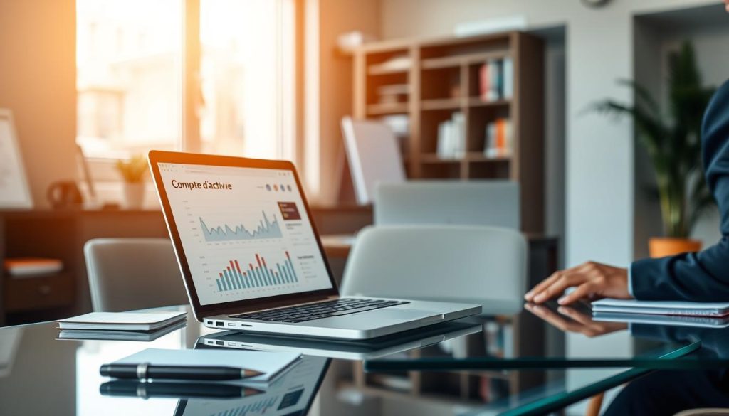 A modern workspace featuring an elegant, transparent desk with a laptop displaying a graphical dashboard labeled 'Compte d’activité'. In the foreground, a focused professional in smart business attire is reviewing financial graphs, reflecting the importance of monthly tracking and transparency in independent work. The background shows a neatly organized office environment with a large window allowing natural light to illuminate the space, creating a warm and inviting atmosphere. Include elements like a notepad, pen, and the logo of "UMALIS GROUP" subtly integrated on the laptop screen. The overall mood here conveys professionalism, clarity, and diligence in managing financial commitments. Use a shallow depth of field to emphasize the foreground subject while softly blurring the background. A modern workspace featuring an elegant, transparent desk with a laptop displaying a graphical dashboard labeled 'Compte d’activité'. In the foreground, a focused professional in smart business attire is reviewing financial graphs, reflecting the importance of monthly tracking and transparency in independent work. The background shows a neatly organized office environment with a large window allowing natural light to illuminate the space, creating a warm and inviting atmosphere. Include elements like a notepad, pen, and the logo of "UMALIS GROUP" subtly integrated on the laptop screen. The overall mood here conveys professionalism, clarity, and diligence in managing financial commitments. Use a shallow depth of field to emphasize the foreground subject while softly blurring the background.