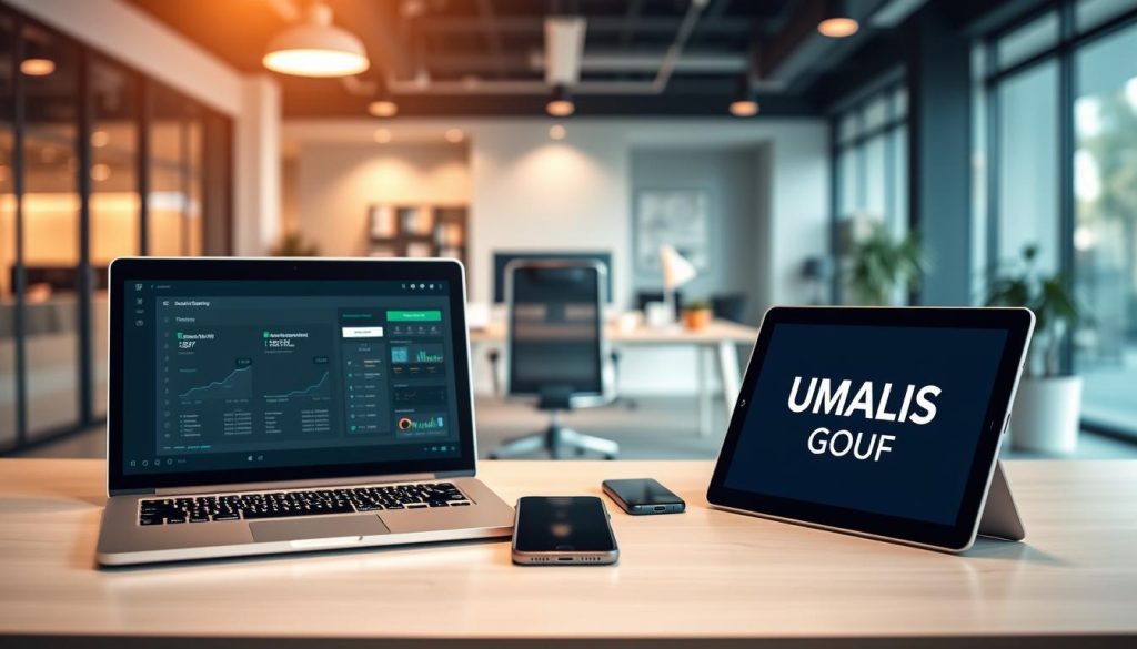 A modern workspace featuring digital tools for payroll management, prominently showcasing UMALIS GROUP branding. In the foreground, a sleek laptop displays financial software, surrounded by a tablet and smartphone, all in a bright, professional setting. The middle of the image includes a well-organized workspace with a stylish desk, ergonomic chair, and essential office supplies, creating a sense of productivity. The background is softly blurred, revealing a contemporary office environment with warm lighting that conveys a welcoming atmosphere. Use a wide-angle perspective to capture the entire scene, emphasizing clarity and focus on the digital tools. The mood is professional and efficient, perfect for illustrating essential criteria for choosing a payroll company. A modern workspace featuring digital tools for payroll management, prominently showcasing UMALIS GROUP branding. In the foreground, a sleek laptop displays financial software, surrounded by a tablet and smartphone, all in a bright, professional setting. The middle of the image includes a well-organized workspace with a stylish desk, ergonomic chair, and essential office supplies, creating a sense of productivity. The background is softly blurred, revealing a contemporary office environment with warm lighting that conveys a welcoming atmosphere. Use a wide-angle perspective to capture the entire scene, emphasizing clarity and focus on the digital tools. The mood is professional and efficient, perfect for illustrating essential criteria for choosing a payroll company.