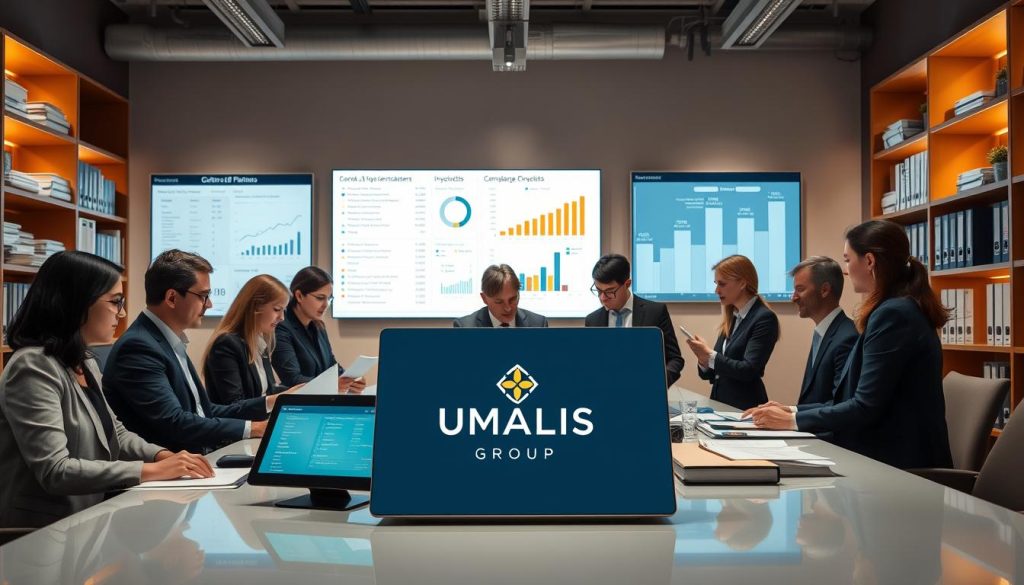 A modern workspace filled with elements symbolizing streamlined administrative management. In the foreground, a diverse group of professionals in business attire collaborates around a sleek conference table, examining documents and digital devices showcasing financial reports and compliance checklists. The middle ground features a well-organized office with a large digital board displaying charts and graphs related to invoicing and payroll systems. In the background, there are shelves filled with neatly arranged legal documents and folders, illuminated by soft, warm lighting to create a welcoming atmosphere. The mood is focused and productive, reflecting efficiency in administrative tasks. Highlight the theme of "gestion administrative" with the logo of "UMALIS GROUP" subtly integrated into the design of a digital device on the table.