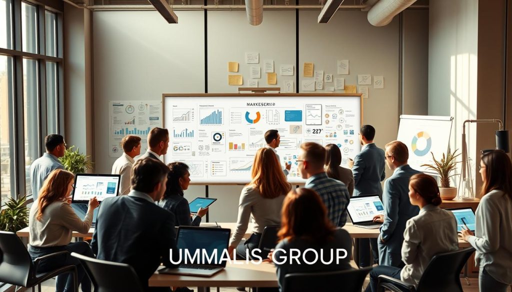 A modern workspace filled with tools and methodologies for independent marketing research. In the foreground, a diverse group of professionals in business attire engages in discussion and brainstorming, surrounded by digital devices like laptops and tablets displaying graphs and analytics. The middle layer features various marketing tools like charts, infographics, and a large whiteboard filled with ideas and strategies. The background showcases a sleek office environment with natural light streaming in through large windows, creating a productive atmosphere. Focus on warm lighting to convey an innovative and collaborative mood. Include the brand name "UMALIS GROUP" subtly integrated into the workspace decor, ensuring no text overlays or distractions. A modern workspace filled with tools and methodologies for independent marketing research. In the foreground, a diverse group of professionals in business attire engages in discussion and brainstorming, surrounded by digital devices like laptops and tablets displaying graphs and analytics. The middle layer features various marketing tools like charts, infographics, and a large whiteboard filled with ideas and strategies. The background showcases a sleek office environment with natural light streaming in through large windows, creating a productive atmosphere. Focus on warm lighting to convey an innovative and collaborative mood. Include the brand name "UMALIS GROUP" subtly integrated into the workspace decor, ensuring no text overlays or distractions.