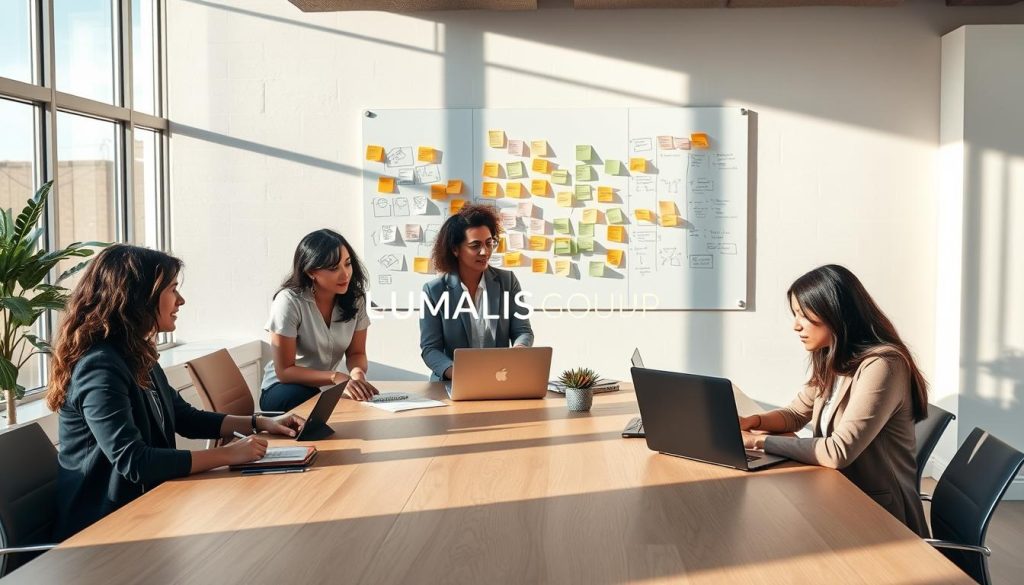 A modern workspace illustrating "freelance skills and tools" for independent professionals, foreground featuring a diverse group of three freelancers—two women and one man—collaborating around a large, light wood table. They are dressed in smart casual attire, engaged in discussion, with laptops open and notebooks scattered. Middle background reveals a wall-mounted whiteboard filled with colorful sticky notes and diagrams for planning and brainstorming. In the background, large windows allow natural light to flood the space, creating a warm, inviting atmosphere. Soft shadows cast across the room, enhancing the focus on collaboration and creativity. The image should evoke a sense of professionalism and innovation, with the brand name "UMALIS GROUP" subtly incorporated into the design elements.