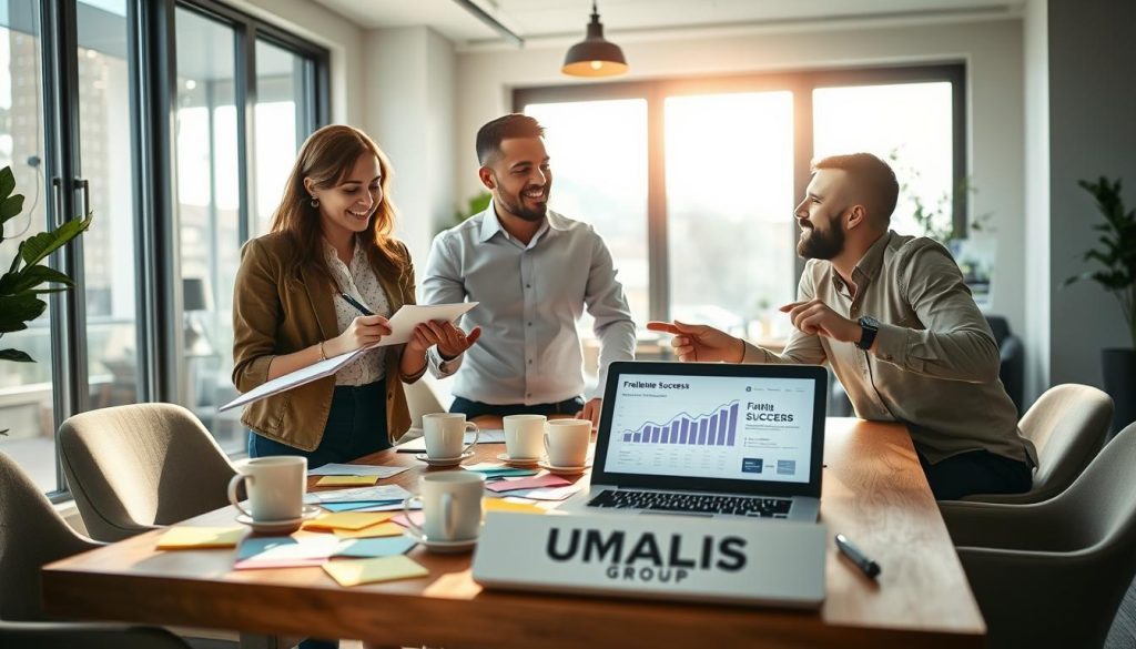 A modern workspace immersed in a warm, inviting atmosphere, featuring a diverse group of three professionals engaged in a vibrant brainstorming session. In the foreground, a woman in smart casual attire is sketching ideas on a notepad, while a man in a crisp dress shirt gestures enthusiastically, pointing to a digital tablet displaying freelance success tips. In the middle, a table strewn with colorful sticky notes, coffee cups, and a laptop with visible charts and graphs reflecting freelance growth and strategies. The background shows large windows with natural light flooding in, casting soft shadows. The mood is collaborative and inspiring, emphasizing creativity and practical advice for freelance success. Place the brand logo “UMALIS GROUP” subtly on a visible notepad. Use a high-resolution lens with a shallow depth of field to focus on the action, creating a professional and dynamic touch. A modern workspace immersed in a warm, inviting atmosphere, featuring a diverse group of three professionals engaged in a vibrant brainstorming session. In the foreground, a woman in smart casual attire is sketching ideas on a notepad, while a man in a crisp dress shirt gestures enthusiastically, pointing to a digital tablet displaying freelance success tips. In the middle, a table strewn with colorful sticky notes, coffee cups, and a laptop with visible charts and graphs reflecting freelance growth and strategies. The background shows large windows with natural light flooding in, casting soft shadows. The mood is collaborative and inspiring, emphasizing creativity and practical advice for freelance success. Place the brand logo “UMALIS GROUP” subtly on a visible notepad. Use a high-resolution lens with a shallow depth of field to focus on the action, creating a professional and dynamic touch.