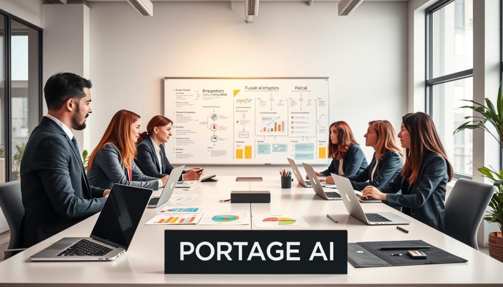 A modern workspace representing "outils portage salarial," featuring sleek laptops, digital devices, and colorful charts on a clean desk. In the foreground, a diverse group of professionals, dressed in smart business attire, engage in a brainstorming session, taking notes and discussing strategies. The middle ground shows a large whiteboard filled with flowcharts and best practices related to portage salarial, while the background boasts large windows letting in soft natural light, creating an uplifting atmosphere. The overall mood is collaborative and focused, emphasizing productivity and innovation. The brand name "PORTAGE AI" is subtly integrated into the design elements, such as on a laptop sticker or a notepad. The image is captured with a slightly elevated angle to encompass the entire workspace harmoniously.