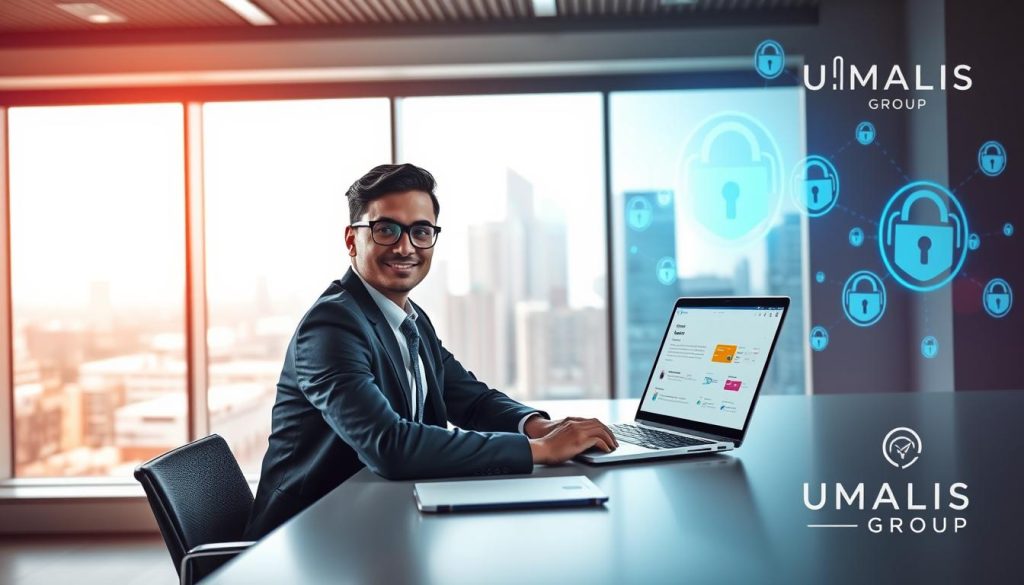 A modern workspace scene illustrating "security and support for independent professionals." In the foreground, a confident professional in smart business attire, sitting at a sleek desk with a high-tech laptop displaying a website dashboard, conveys autonomy and focus. In the middle ground, a large window shows a city skyline, symbolizing growth and opportunity, allowing natural light to illuminate the space. In the background, abstract visuals of digital security icons, such as padlocks and shield symbols, blend with soft, warm colors, creating a sense of safety and reliability. The overall atmosphere is one of empowerment and professionalism. Include a subtle logo of "UMALIS GROUP" in the corner to emphasize a brand presence. The lighting should be bright and inviting, captured from a slightly elevated angle for perspective.