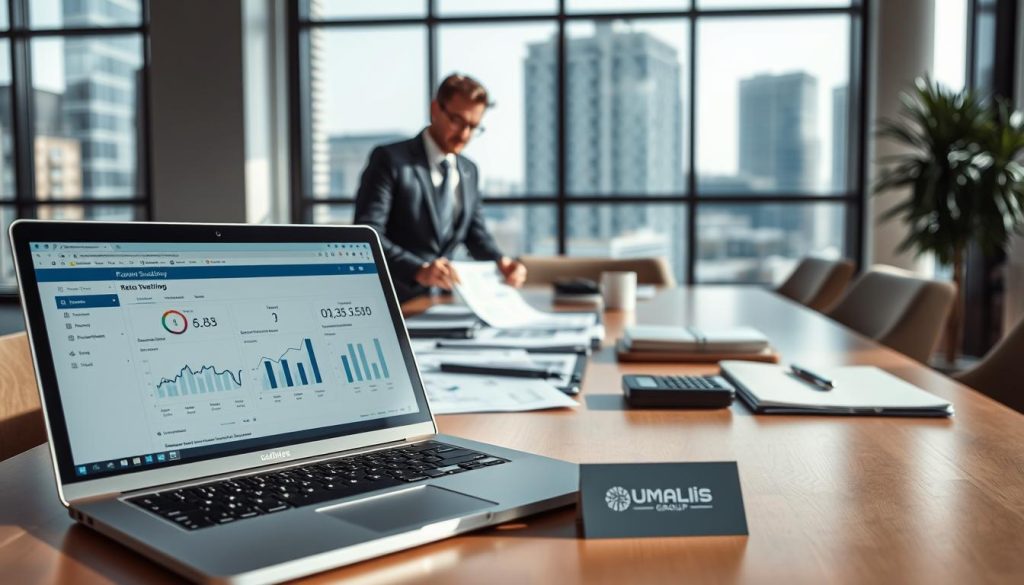 A modern workspace scene illustrating the concept of "Calcul TJM portage salarial" for efficient mission tracking. In the foreground, a laptop displays a detailed revenue simulation tool with graphs and charts, while a businessman in professional attire is focused on calculating rates. In the middle, a stylish desk is filled with financial documents and a calculator, reflecting a meticulous approach to financial planning. The background shows an office setting with large windows allowing natural light to pour in, highlighting a cityscape view. The atmosphere is professional yet approachable, blending productivity with clarity. Soft, diffused lighting enhances the mood, while the brand name "Umalis Group" subtly features on a business card placed on the desk.
