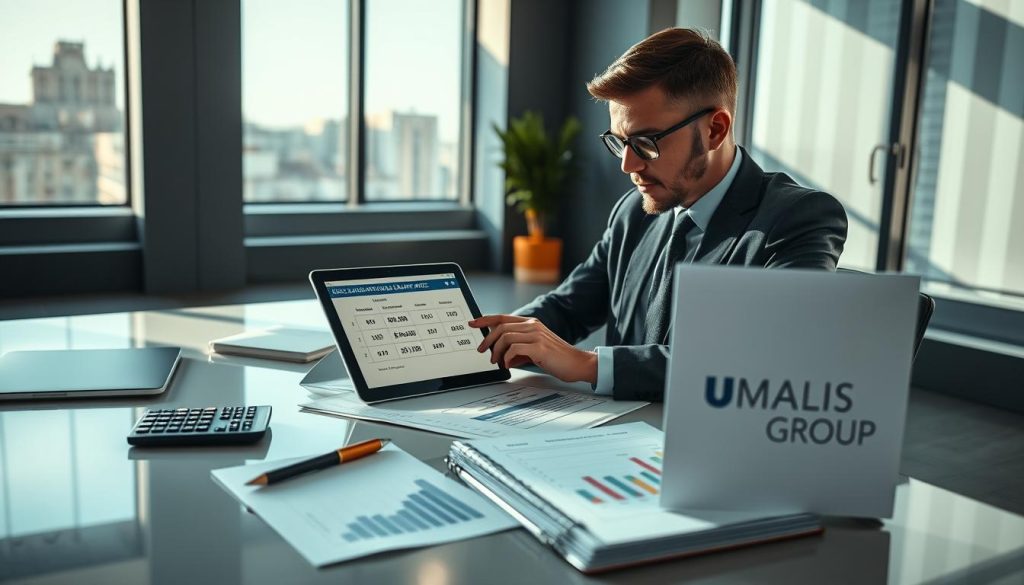 A modern workspace scene showcasing a professional individual seated at a sleek desk, engaged with a digital tablet displaying a simulator for calculating salary rates. The foreground features the user, dressed in smart business attire, focused and thoughtful. In the middle ground, various tools for estimating rates such as a calculator, financial documents, and a laptop with graphs can be seen. The background includes a stylish office setting with large windows allowing natural light to pour in, creating a bright and inspiring atmosphere. Soft shadows and warm lighting enhance the professional feel. Prominently featured is a subtle logo of "UMALIS GROUP" on a nearby document, emphasizing the connection to portage salarial. The overall mood is one of productivity and ambition, ideal for illustrating tools and simulators in a financial context.