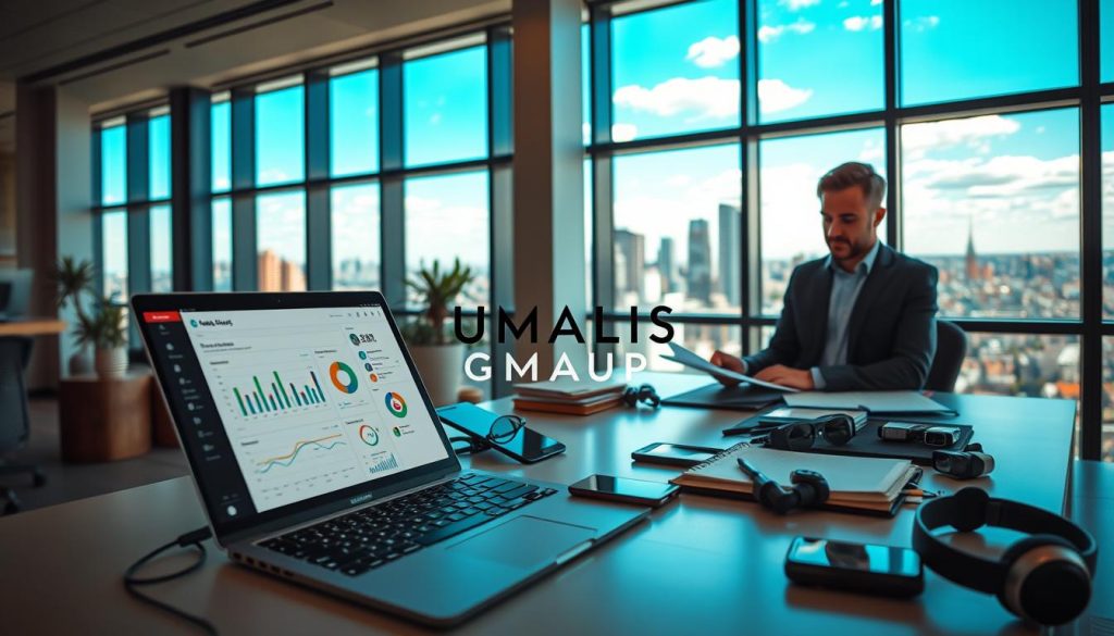 A modern workspace showcasing digital tools for freelance professionals, focusing on the concept of 'portage salarial'. In the foreground, a stylish laptop displaying a vibrant dashboard of analytics and a tablet with productivity apps. Nearby, a professional person in business attire, engaged in a video call, with a notepad and pen in hand, exuding focus and determination. The middle ground features a sleek desk cluttered with tech gadgets like a smartphone, headphones, and a digital planner. In the background, large windows reveal a vibrant cityscape under a bright blue sky, symbolizing opportunities. Soft, natural lighting creates a warm, inviting atmosphere. The branding "UMALIS GROUP" subtly integrated into the scene, harmonizing with the overall professional setting.