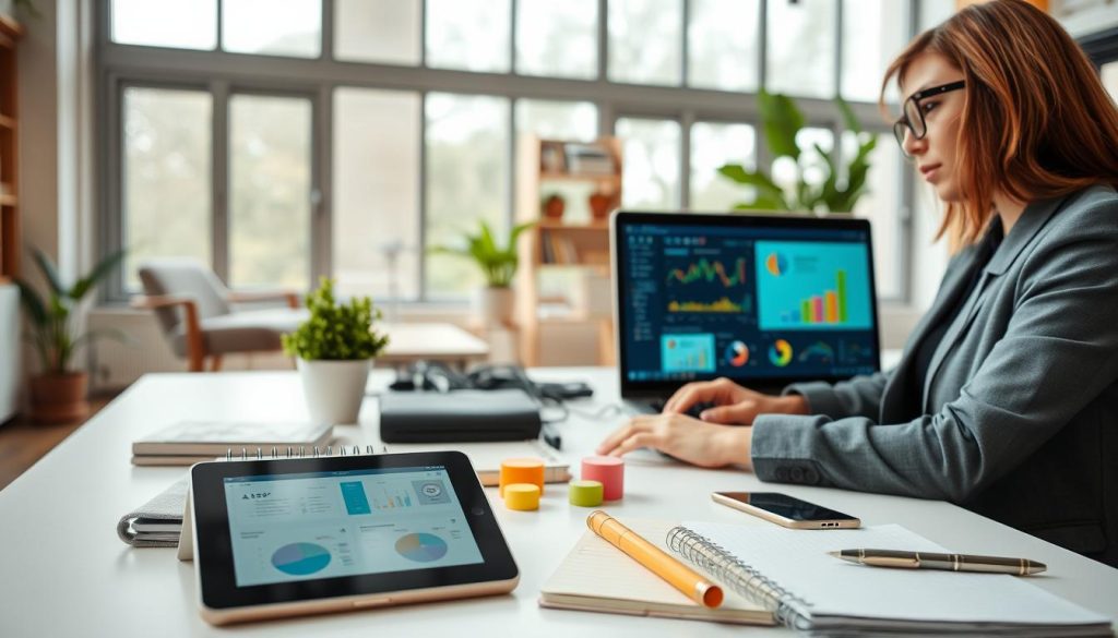A modern workspace showcasing essential digital tools for project management and freelance success. In the foreground, a professional woman dressed in smart casual attire is working on a laptop, surrounded by colorful digital interfaces and charts visible on the screen. In the middle ground, various tools such as a digital tablet with project management apps, a smartphone, and productivity notebooks are neatly arranged on a stylish desk. The background features a bright, airy room with large windows letting in natural light, which creates a warm and inviting atmosphere. Add subtle elements of organization, like a plant and motivational post-its. The scene is set to convey efficiency and creativity, embodying the spirit of "UMALIS GROUP". Use soft lighting to enhance the mood and focus on the subject’s engagement with her tools.