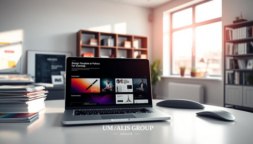 A modern workspace showcasing professional template designs and layouts for independent workers. In the foreground, an elegant desk with a laptop displaying various webpage templates designed for quick setup. To the left, neatly stacked design mockups and color palettes, emphasizing creativity. The middle ground features a large window allowing natural light to flood the space, casting soft shadows. In the background, a minimalist bookshelf lined with design books and tools. The atmosphere is bright and focused, inspiring productivity. The branding "UMALIS GROUP" is subtly incorporated into the design elements. Capture this scene with a wide-angle perspective, highlighting vibrant colors and clear details, creating an inviting and professional ambiance. A modern workspace showcasing professional template designs and layouts for independent workers. In the foreground, an elegant desk with a laptop displaying various webpage templates designed for quick setup. To the left, neatly stacked design mockups and color palettes, emphasizing creativity. The middle ground features a large window allowing natural light to flood the space, casting soft shadows. In the background, a minimalist bookshelf lined with design books and tools. The atmosphere is bright and focused, inspiring productivity. The branding "UMALIS GROUP" is subtly incorporated into the design elements. Capture this scene with a wide-angle perspective, highlighting vibrant colors and clear details, creating an inviting and professional ambiance.