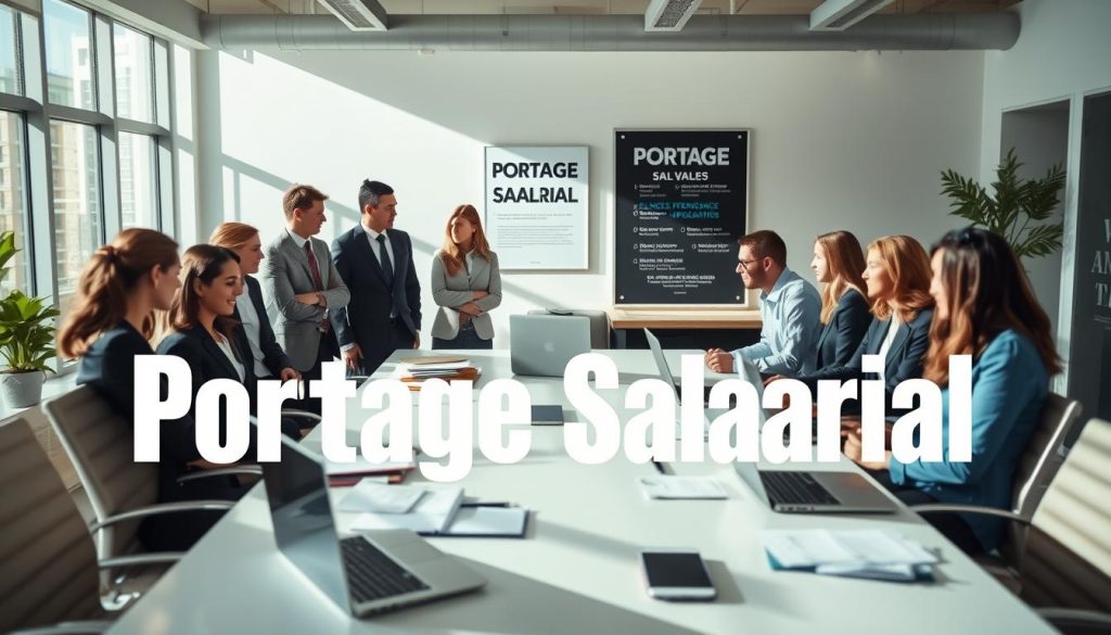 A modern workspace showcasing the concept of "Portage Salarial." In the foreground, a diverse group of professionals in smart business attire, engaged in discussion, demonstrating collaboration and productivity. The middle layer features a sleek conference table cluttered with laptops and documents, emphasizing a professional environment. The background reveals a bright, open office with large windows, allowing natural light to flood in, casting soft shadows that create an inviting atmosphere. A motivational poster on the wall subtly highlights the core values of Umalis Group without any text. The image captures a sense of innovation and teamwork, encouraging the viewer to envision the possibilities for independent professionals benefiting from Portage Salarial solutions.