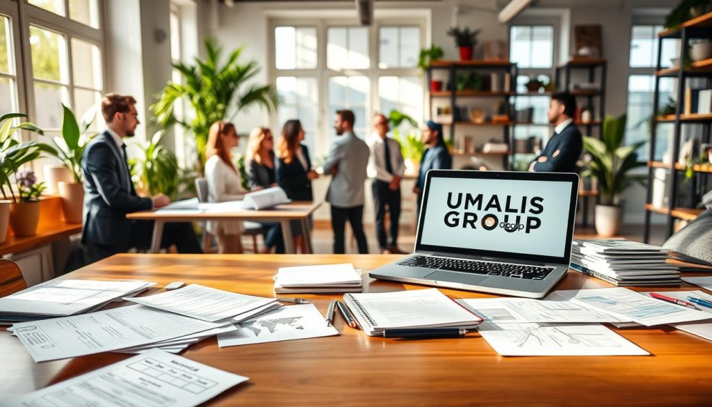 A modern workspace showcasing the concept of "structure offre services freelance." In the foreground, a polished wooden desk cluttered with organized paperwork, a laptop displaying service offers, and a notepad with sketches. The middle ground features a diverse group of professionals, dressed in professional business attire, engaged in a collaborative discussion around service structuring. Soft natural light filters through large windows, casting gentle shadows and creating a warm, inviting atmosphere. The background includes vibrant indoor plants and shelves filled with books and business materials, emphasizing creativity and structure. Include the brand name "UMALIS GROUP" subtly on the laptop screen. The overall mood is focused, inspiring, and professional, ideal for freelancers strategizing their service offerings.