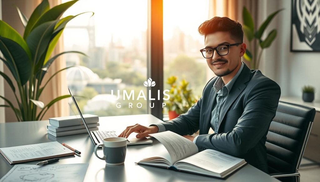A modern workspace showcasing the freelance lifestyle, centered on a confident freelancer in professional business attire, sitting at a sleek desk with a laptop open, brainstorming ideas. In the foreground, a coffee cup and open notebooks filled with sketches and notes emphasize creativity. In the middle, a large window reveals a vibrant cityscape, implying freedom and opportunities outside. The background features lush greenery for a calming contrast, with soft, warm lighting streaming in, creating an inviting atmosphere. A subtle branding element, "UMALIS GROUP," is integrated into the workspace decor, signifying professional support for freelancers. The overall mood is one of inspiration and empowerment, capturing the essence of freelance work.