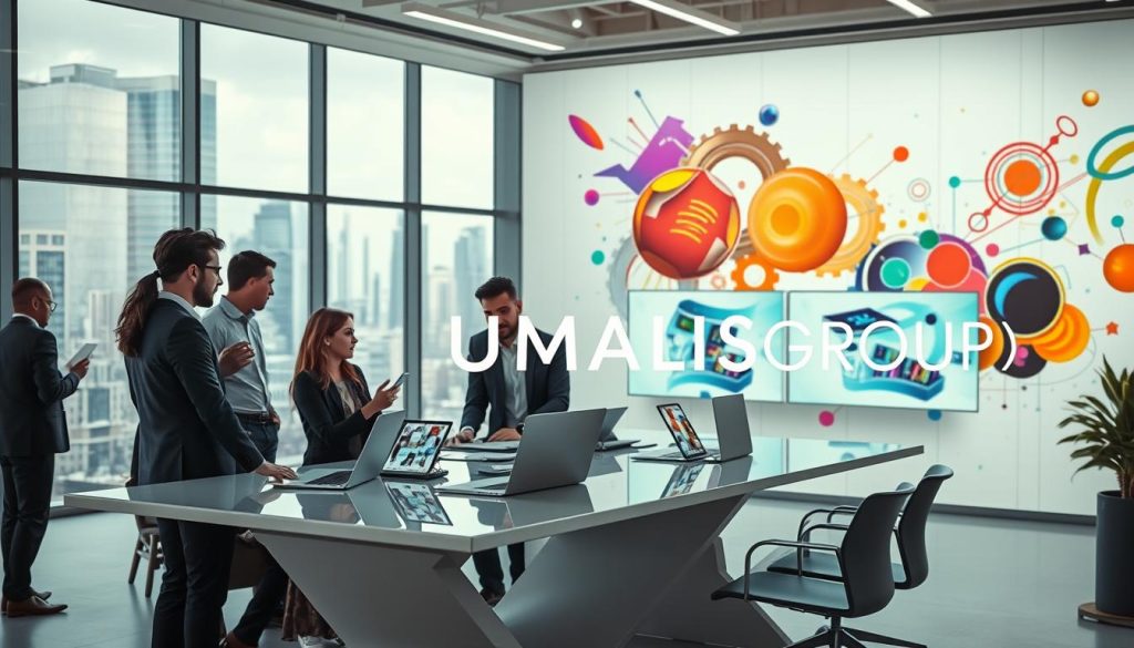 A modern workspace showcasing the integration of AI-assisted design services. In the foreground, a diverse group of professional designers in smart business attire collaborates around a sleek, high-tech table with laptops and digital tablets. They are engaged in a brainstorming session, analyzing visually striking design mockups on large screens. In the middle ground, a futuristic cityscape is visible through expansive windows, hinting at innovation and creativity. The background features a wall covered in colorful, abstract design concepts, symbolizing the versatility of generative AI in design. The lighting is bright and inspiring, creating an energetic atmosphere. The brand name "UMALIS GROUP" is subtly represented in the design elements.
