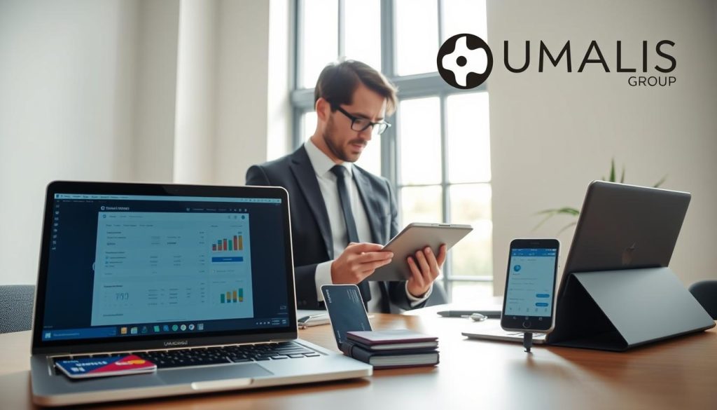 A modern workspace showcasing various professional payment methods for independent professionals in France. In the foreground, a sleek laptop displaying online banking software, accompanied by payment cards and a mobile device with a digital wallet app open. The middle layer features a smartly dressed individual in professional attire, analyzing financial data on a tablet, exuding a sense of focus and expertise. In the background, a clean, contemporary office setting with soft, natural lighting streaming through a large window, creating a warm and inviting atmosphere. Subtle branding elements incorporate the "UMALIS GROUP" logo in an unobtrusive way. Emphasize a mood of professionalism and efficiency, illustrating the diverse payment options available.