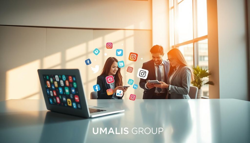 A modern workspace that emphasizes the influence of social media, featuring a sleek desk with a laptop displaying various social media platforms on the screen. In the foreground, a diverse group of three professionals, dressed in smart business attire, collaborate over digital devices, sharing ideas and strategies. In the middle background, vibrant icons of popular social media networks like Facebook, Twitter, and Instagram float softly, connecting to the professionals. The scene is illuminated with warm, natural lighting filtering through a large window, casting soft shadows that create an inviting atmosphere. The overall mood is one of innovation and collaboration, reflecting the power of social media in enhancing visibility for independent professionals. The brand logo "UMALIS GROUP" subtly incorporated into the design, reinforcing a sense of professionalism.