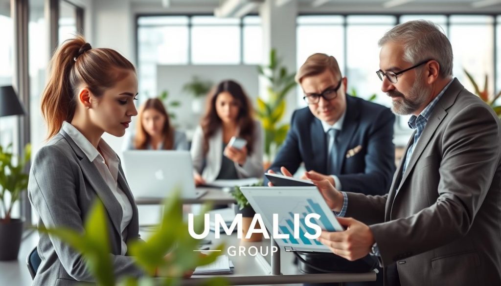 A modern workspace with a diverse group of professionals engaged in collaboration, depicting the concept of "portage salarial pour les freelances." In the foreground, a focused young woman in business attire is discussing with an older man, both analyzing graphs on a laptop. In the middle, an open office space features freelancers in various professions, like a web designer, a writer, and a consultant, working independently yet connected. The background shows large windows with natural light streaming in, highlighting a supportive environment. Soft focus on vibrant office plants adds warmth to the atmosphere. The overall mood is one of empowerment and professionalism, illustrating a cooperative work culture. Include the brand name "UMALIS GROUP" subtly within the scene, ensuring it’s integral to the workspace design and not overpowering.