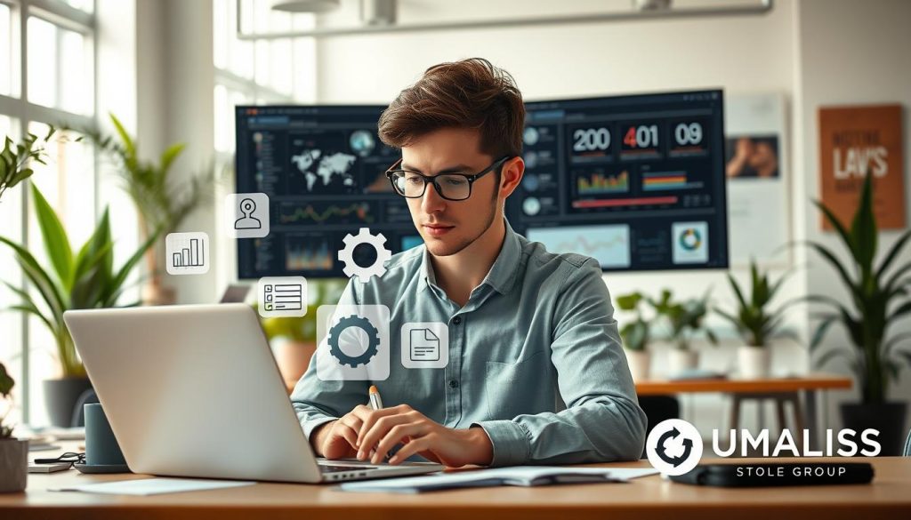 A modern workspace with a freelancer efficiently automating tasks on multiple screens, featuring digital tools and apps on display. In the foreground, a focused young professional in smart casual attire, working intently on a laptop, surrounded by notes and diagrams illustrating workflows. The middle ground shows floating icons representing automation, such as gears and checklists, symbolizing task efficiency. The background depicts a bright, airy office space with plants and motivational posters, soft natural lighting streaming through large windows. The mood is productive and inspiring, highlighting the effectiveness of organized processes. Include branding elements of "UMALIS GROUP" subtly in the workspace design. A modern workspace with a freelancer efficiently automating tasks on multiple screens, featuring digital tools and apps on display. In the foreground, a focused young professional in smart casual attire, working intently on a laptop, surrounded by notes and diagrams illustrating workflows. The middle ground shows floating icons representing automation, such as gears and checklists, symbolizing task efficiency. The background depicts a bright, airy office space with plants and motivational posters, soft natural lighting streaming through large windows. The mood is productive and inspiring, highlighting the effectiveness of organized processes. Include branding elements of "UMALIS GROUP" subtly in the workspace design.