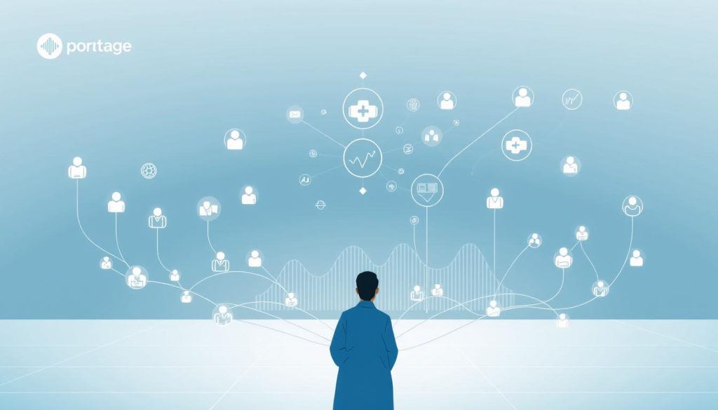 A modernistic illustration of a flexible healthcare plan network, featuring the Light Portage brand. A clean, grid-like layout depicts various healthcare provider icons interconnected by flowing lines, symbolizing the plan's coverage and network flexibility. The foreground showcases a minimalist doctor's silhouette, conveying the access to diverse medical professionals. The middle ground displays an abstract visualization of data analytics, alluding to the plan's tailored offerings. The background features a subtle gradient, creating a sense of depth and dynamism. Soft lighting and a muted color palette instill a sense of trust and professionalism. The overall composition aims to visually communicate the plan's comprehensive coverage and adaptability to the freelance audience.